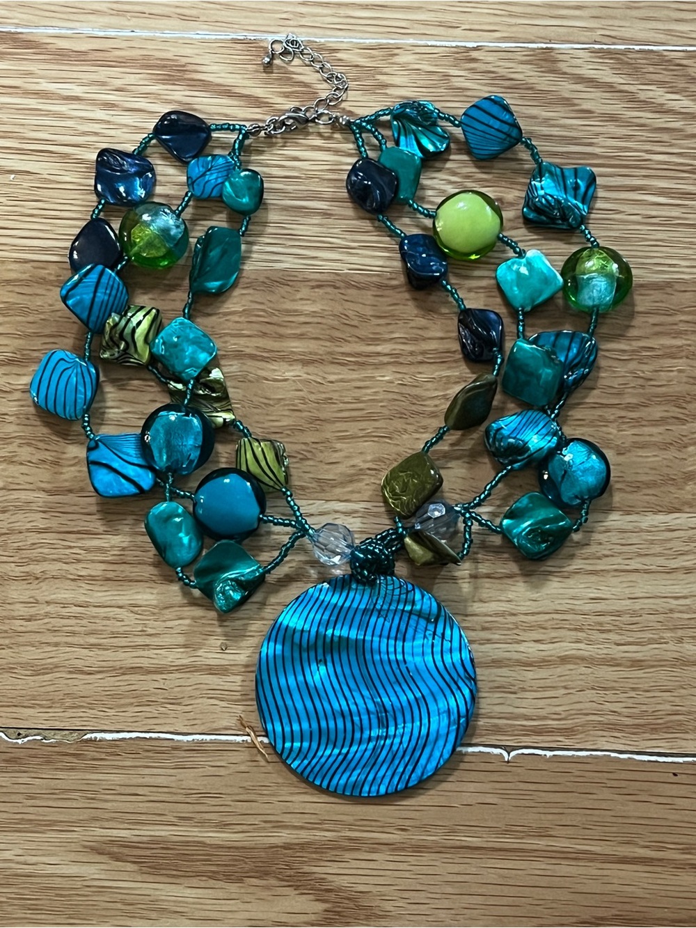 Teal & Green Layered Bead Necklace with Striped Round Pendant